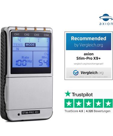 Axion Tens Ems Stim -Pro X9+ | 4-Channel Pain Therapy & Muscle Building Device + 8 Electrodes & Contact Spray - Certified Medical Product - Special Offer - Buy Online on GoSupps.com