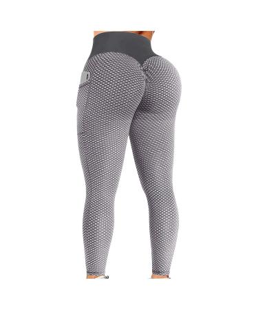 LIEIKIC TIK Tok Leggings, Women Butt Lift Yoga Pants with Pockets, High Waist Bubble Hip Lift Workout Running Tights #01- Gray Small