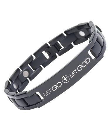 Crosstraxx Religious Bracelet - Adjustable Titanium Magnetic Bracelet with Let Go Let God Motivational Christian Scripture - Includes Link Removal Tool & 3 Pins - 8.5x0.5 Black