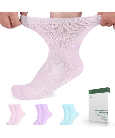 Bulinlulu Diabetic Socks with Grips for Women&Men-3 Pairs Bamboo Non Binding Hospital Diabetic Ankle Socks Bright Colors Ankle Diabetic Socks With Grips-3 Pairs Large