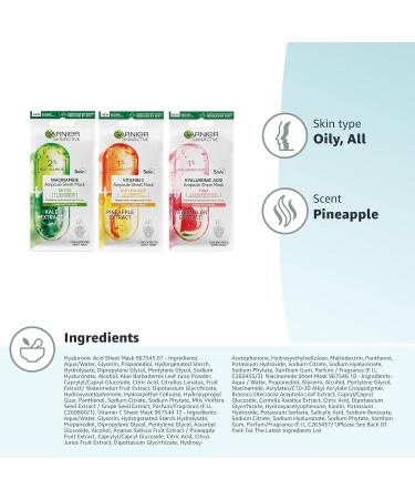 Garnier Ampoule Sheet Masks Set Of 3 - 1% Vitamin Cg + Pineapple To Brighten Skin 1% Hyaluronic Acid + Watermelon To Replump Skin 2% Niacinamide + Kale To Rebalance Oily Skin Fast Action 5 mins. - Buy Online on GoSupps.com
