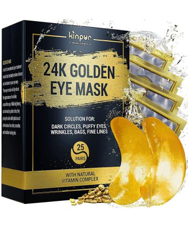 KINPUR ORGANIC COSMETICS - 50pcs - 24k Gold Under Eye Patches for Dark Circles Puffy Eyes Wrinkles - Collagen Under Eye Masks - Hydrating Under Eye Gel Pads for Eye Bags for All Skin Types 24k Golden 25 Pairs (Pack of 1)