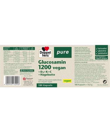 Doppelherz Pure Glucosamine 1200 Vegan - Rosehip Extract Vitamin D3 K2 Copper & Calcium - 180 Gelatin-Free Capsules for Joint Health - Buy Online on GoSupps.com