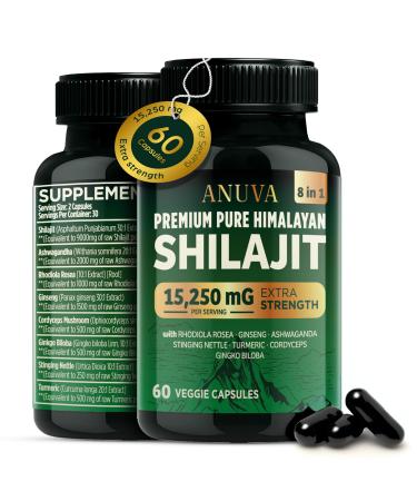 Anuva Pure Shilajit Ultra Himalayan Shilajit Capsules 15 250mg Organic Ashwagandha Ginseng Cordyceps 60 Vegetarian Capsules for Men & Women
