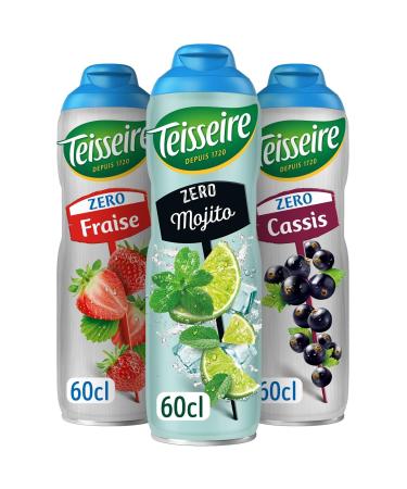 Set of 3 Teisseire Zero Sugar Syrups (Mojito Strawberry Blackcurrant) for Refreshing Drinks Cocktails Recyclable Bottle 3 x 60 cl