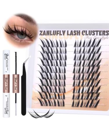 Lash Clusters Kit Fox Eye Manga Lash Extension Kit Natural Individual Lashes Kit Wispy Cat Eye DIY Eyelashes Clusters Extension Kit with Lash Bond and Seal Lash Applicator