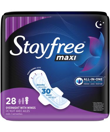 Stayfree Maxi Overnight Pads with Wings For Women, Reliable Protection and Absorbency of Feminine Periods, 28 Count 28 Count (Pack of 1)