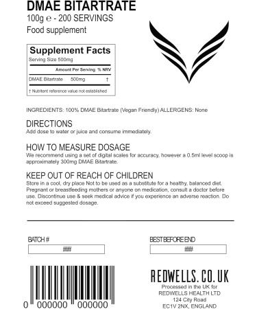 DMAE Bitartrate Powder - 100g Pack | GMO Free Vegan Cognitive Enhancer by REDWELLS - Buy Online on GoSupps.com