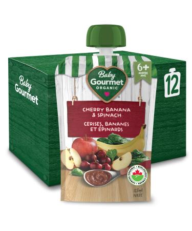 Baby Gourmet Organic Puree Baby Food Pouches - Cherry Banana & Spinach - No Added Sugar Or Salt Non GMO No Fillers Gluten Free Kosher (128ml) 12 Pack