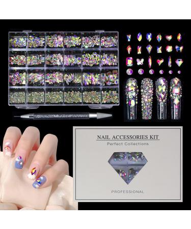Nail Gems Multi Shapes 3D Glass Ab Crystal Rhinestones Kit | Crystal Glass Ab Rhinestone Gems Flatback Round Bead Charm Gem Stone Jewelry Nail Crystals for Acrylic Nails Pochy