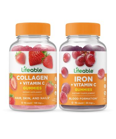 Lifeable Collagen & Vitamin C + Iron with Vitamin C Gummies Bundle - Great Tasting Vitamin Supplement Gluten Free GMO Free Chewable Gummy