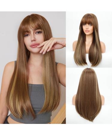 HAIRCUBE Long Brown Wigs for Women with Highlights Straight Wigs with Fringe for Daily Brown with Highlights