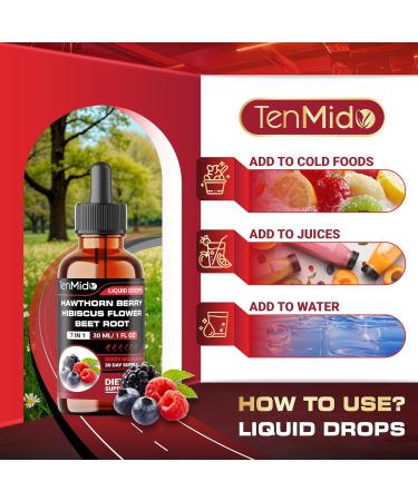 Tenmido Hawthorn Berry Extract Liquid Drops - 7in1 with Hibiscus Beet Root Quercetin Garlic Olive Leaf and Turmeric - Vegan Non-GMO - 30 ml 1 Fl Oz - Buy Online on GoSupps.com