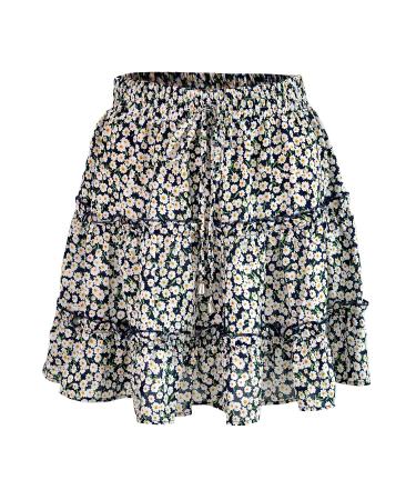 LAEMILIA Womens Elastic Waist Flared Short Skirt Floral Print Pleated Mini Skater Skirt with Drawstring L Navy Blue
