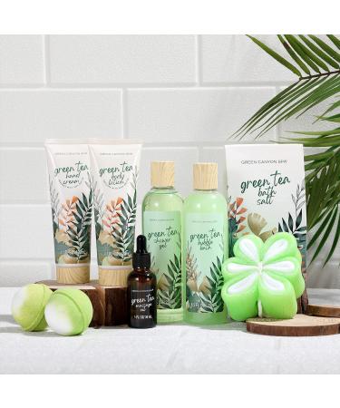 Green Tea Home Spa Gift Basket - 11 Pc Set for Women and Men | Body Lotion, Hand Cream, Exfoliating Loofah | Birthday & Christmas Gift Idea - Buy Online on GoSupps.com