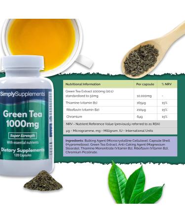Green Tea Extract Capsules 1000mg with Added Chromium | 120 Capsules | Blood Sugar Regulation | Vegetarian Safe | Wheat-Free | UK Made - Buy Online on GoSupps.com