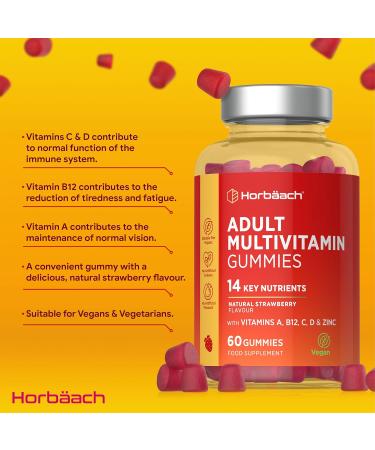 Horbaach Multivitamin Gummies with 14 essential Vitamins and Minerals contains vitamins A C D B12 and more for Men and Women Strawberry flavor Horbach - Buy Online on GoSupps.com