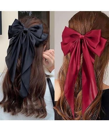 BAIYSFFG Big Bow Hair Clips with Long Silky Satin 2PCS Solid Color French Barrette Simple Hair Fastener Accessories for Women Girls Black Red - Buy Online on GoSupps.com