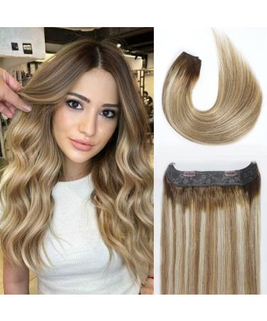 Tinashe Wire Hair Extensions Real Human Hair Straight Hair Extensions Invisible Wire Fish Line Hair Extensions Ash Brown and Bleach Blonde 14inch 80g Straight Human Hair Extensions For Women 14 Inch #T4/P10/613