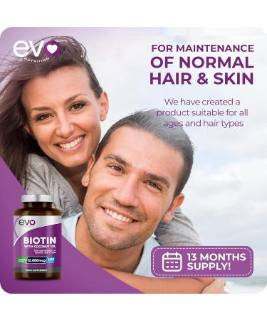 Biotin Hair Growth Supplement 12 000mcg with Coconut Oil | 400 High Strength Tablets for - 13 Month Supply Vitamin B7 Supports Normal Skin & Made in UK by EVO Nutrition - Buy Online on GoSupps.com