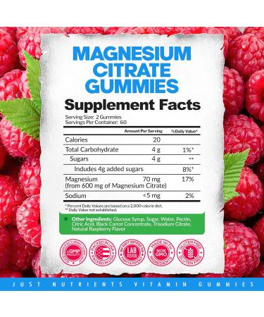 Magnesium Citrate 600mg Gummies (120 Count) - Maximum Strength Supports Calm Bone Heart & Nerve Health - Gluten-Free Non-GMO Vegetarian Great Tasting Raspberry Flavor - 60 Servings - Buy Online on GoSupps.com