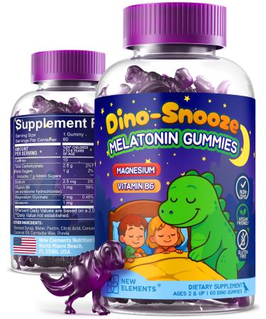 New Elements Melatonin Gummies Kids 2mg with Magnesium Glycinate & Vitamin B6 | Sleep Gummies for Kids | Dinosaur-Shaped Sleep Support | Natural Grape Flavor | Sugar Free | Non-GMO | Gluten Free