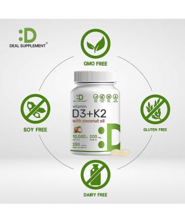 Vitamin D3 10,000 IU + K2 MK7 200 mcg Softgels with Coconut Oil - 250 ct Double Strength for Heart, Bone & Teeth Health - Easy to Swallow - 180 ct - Buy Online on GoSupps.com
