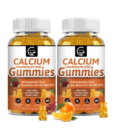 1200mg Calcium Gummies with Vitamin D3,K2,B12 & B6 - Plant Complex Calcium Magnesium Supplement with Glycinate,Potassium,Sea Moss,Ashwagandha Root for Bone & Teeth Strength, Muscle & Immune-2 Pack 60 Count (Pack of 2)