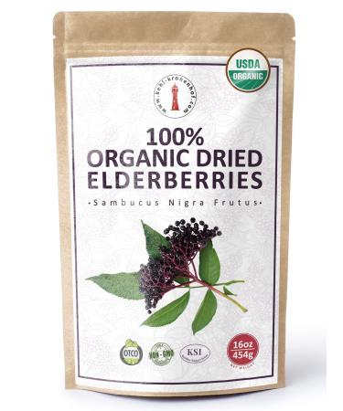 100% USDA Certified Organic Dried Elderberries - 1 lb Bulk European Whole Dry Black Elderberry - Wild Crafted  Raw  Non-irradiated  Kosher  Non-GMO  Vegan  Sambucus Nigra L. - Make Natural Tea / Syrup