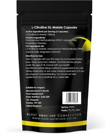 Nuke Nutrition L Citrulline Malate 1500mg Capsules - 365 Count | Boost Circulation & Muscle Recovery | Vegan & Natural | High Strength Supplement - Buy Online on GoSupps.com