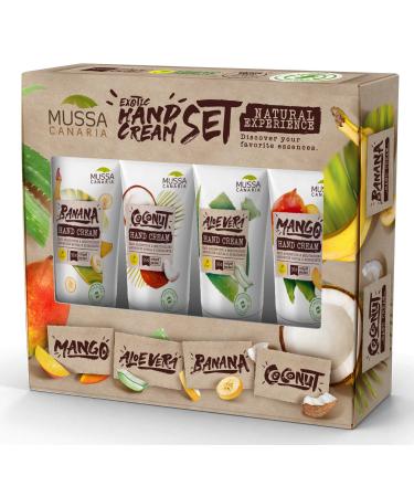 Mussa Cosmetics Natural Hand Cream Set Mango Aloe Vera Banana and Coconut Travel size 4 x 40 ml