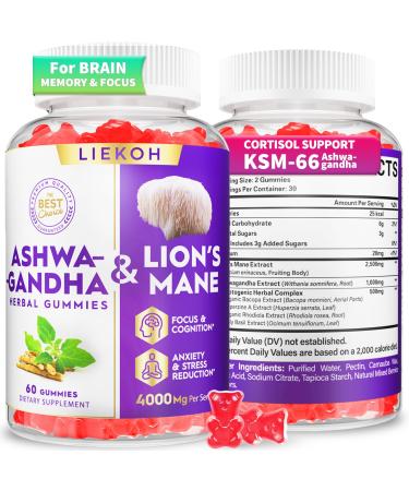 Ashwagandha Gummies - Organic Ashwagandha & Lions Mane Gummies for Adults with 4 Adaptogenic Herb for Stress Cognitive & Immune Support| Cortisol Supplements for Women & Men Berry Flavor - 60 Counts