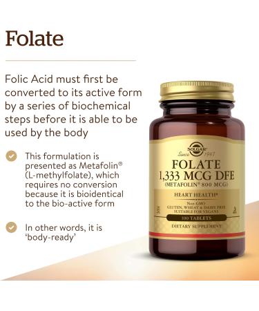 Solgar Folate 800 mcg Bio-Active Metafolin - 100 Tablets x 2 - Heart Health Support - Non-GMO Vegan Gluten Free Dairy Free Kosher - 200 Total Servings - Buy Online on GoSupps.com