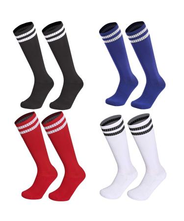 Disile Kids Youth Soccer Socks, 4 Pack Knee High Striped Tube Athletic Socks For Boys & Girls Medium Black/White/Blue/Red