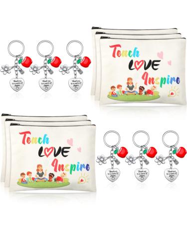 12 PCS Teacher Appreciation Gift Set 6 Teacher Kit Makeup Cosmetic Bags and 6 Teacher Keychains Graduation Gifts for Teacher (Delicate Style)