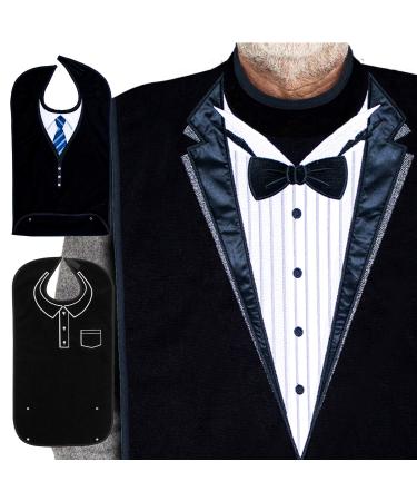 Classy Pal, Adult Bibs for Men, Dress n Dine Clothing Protectors for Eating, Senior Adult Bib Terry Cloth Crumb Catcher, Embroidered Design, Waterproof, Reusable, Washable (Tuxedo)