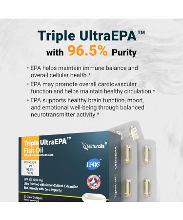 Naturalis Triple Strength UltraEPA EPA 1000mg | Pharmaceutical Grade High Purity 99% Omega-3 with 96.5% EPA Burpless Fish Oil | IFOS Certified Sustainably Sourced Non-GMO | 30 Softgels - Buy Online on GoSupps.com