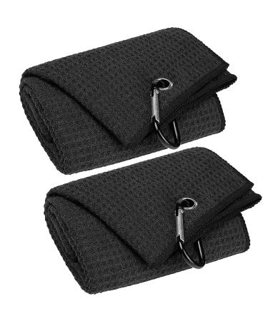 VIVIDLY 2 Pack 16" x 24" Tri-fold Golf Towels, Premium Microfiber Fabric Waffle Pattern with Black Heavy Duty Carabiner Clip, Black Golf Towels for Golf Bags for Men (Black)
