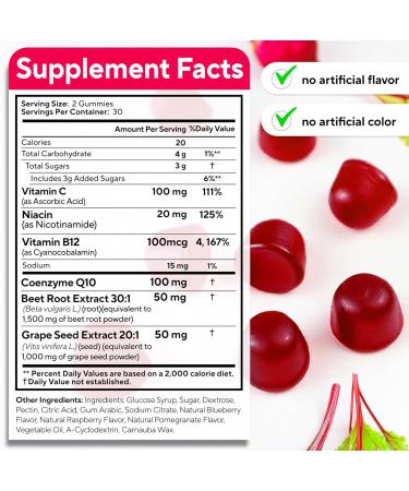 Beet Root Gummies Nitric Oxide Beets Supplements with CoQ10 Grape Seed Vitamin C B12 & B3 60 Beets Chews Gummies 60 Count (Pack of 1) - Buy Online on GoSupps.com