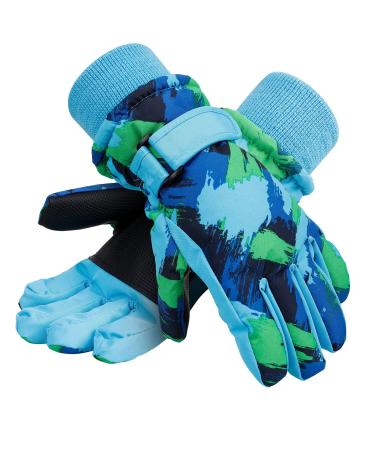 Kids Winter Gloves Waterproof Boys Girls Snow Ski Gloves Blue Green S (4-6 years)