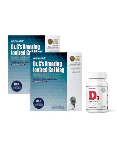 Dr. G's Amazing Ionized Cal Mag - Bone Health Calcium Magnesium Powder Supplement - 60 Sticks x 2 Packs + 1 Bottle of Vitamin D3
