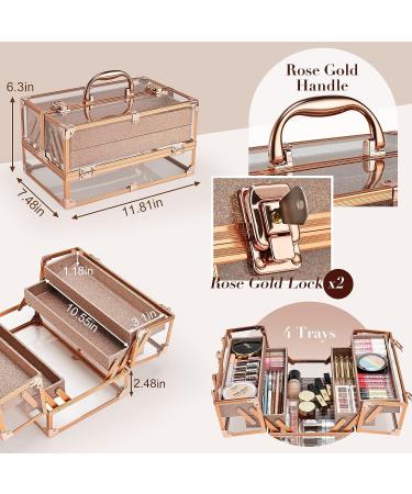 Frenessa Acrylic Makeup Organizer with 4 Trays - Portable Cosmetic Storage Case for Makeup Artists and Stylists - Rose Gold - Buy Online on GoSupps.com