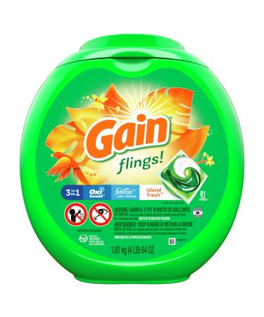 Gain Flings Laundry Detergent Soap Pods plus Aroma Boost, Island Fresh Scent, HE Compatible, 81 Count (Packaging May Vary) Laundry Detergent Flings, 81 count