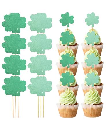 36 PCS Clover Cupcake Topper St Patrick's Day Party Cake Decoration Glittery Green Shamrock Cupcake Picks for Lucky