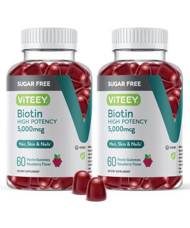 Sugar Free Biotin Gummies 5 000mcg - for Healthy Hair Growth Healthy Skin Glow & Strong Healthy Nail Growth for Women Men & Teens -Vegan Non GMO Gluten Free -Chewable Raspberry Flavored Gummies 60 Count (Pack of 2)