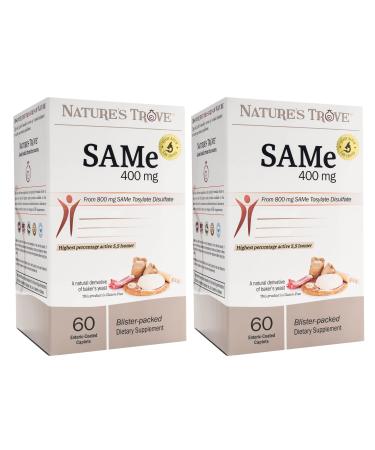 SAM-e 400mg 120 Enteric Coated Caplets (2 Boxes of 60) - Vegan, Kosher, Non-GMO, Soy Free, Gluten Free - Mood and Joint Comfort - Cold Form Blister Packed - by Nature's Trove