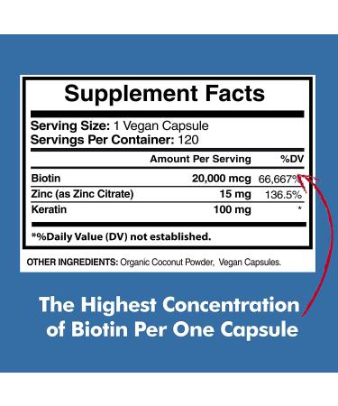 Biotin 20,000mcg with Keratin, Organic Coconut & Zinc | Hair Growth Supplement for Healthy Hair, Skin & Nails | 120 Vegan Capsules - 120 Day Supply - Buy Online on GoSupps.com