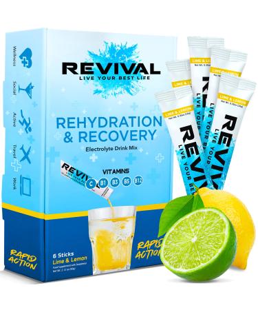 Revival Rapid Rehydration Electrolytes Powder - High Strength Vitamin C B1 B3 B5 B12 Supplement Sachet Drink Effervescent Electrolyte Hydration Tablets - 6 Pack Lemon Lime 6 Servings (Pack of 1) Lemon & Lime