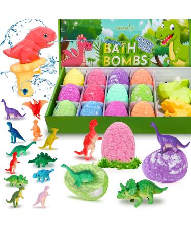 Canvalite dinosaur bombs for children with surprise inside 12 colorful children bombs set organic bubble bath dino egg bathroom bombs with 1 water pistol birthday/Christmas gift
