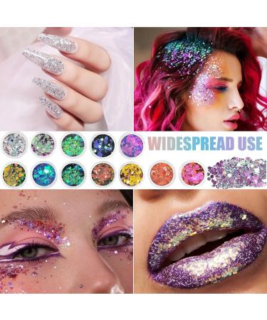 Chunky Glitter 12 Colors Face Glitter Nail Glitter Flakes Holographic Cosmetic Festival Glitter for Face Body Eye Hair Nail Painting and DIY Art - Buy Online on GoSupps.com
